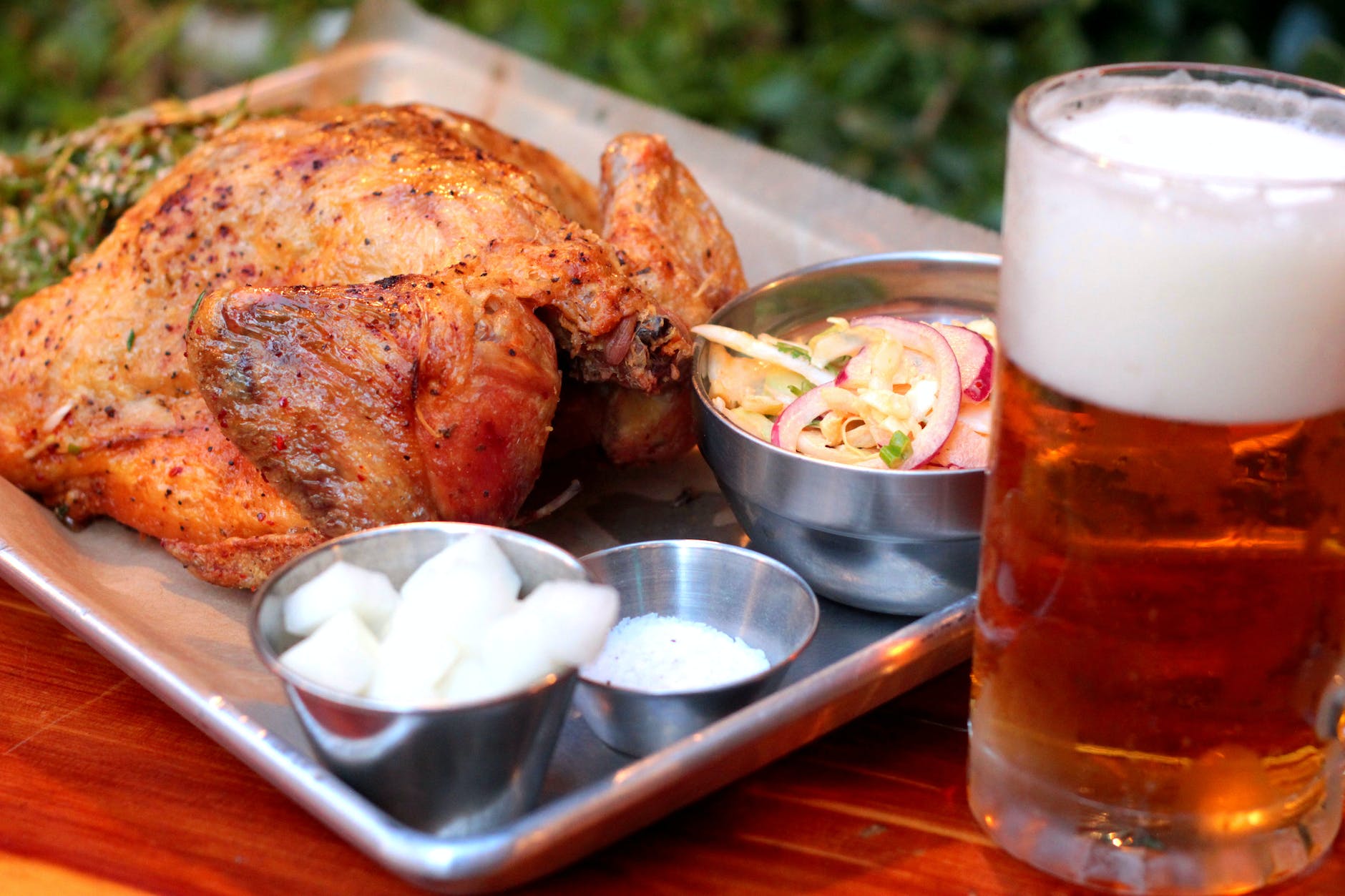 roasted chicken and a lager